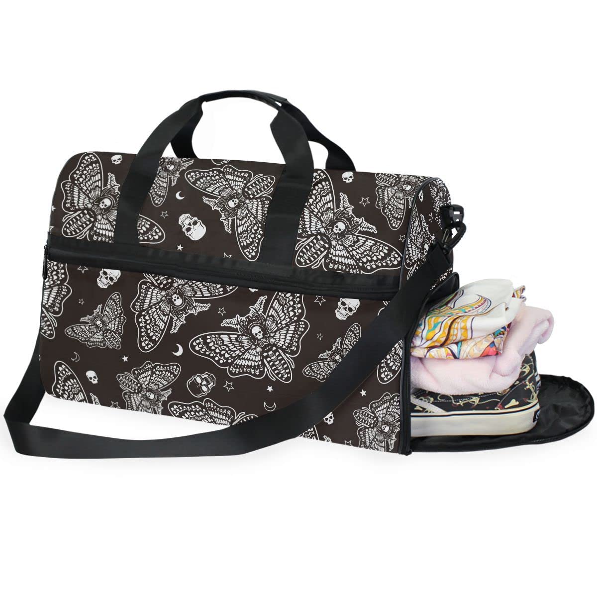 **Gothic Moth Skull Moon Print Gym Bag - Adjustable Strap Duffle Bag for Men & Women - Perfect for Travel, Sports & Overnight Trips - Stylish Occult & Esoteric Design**