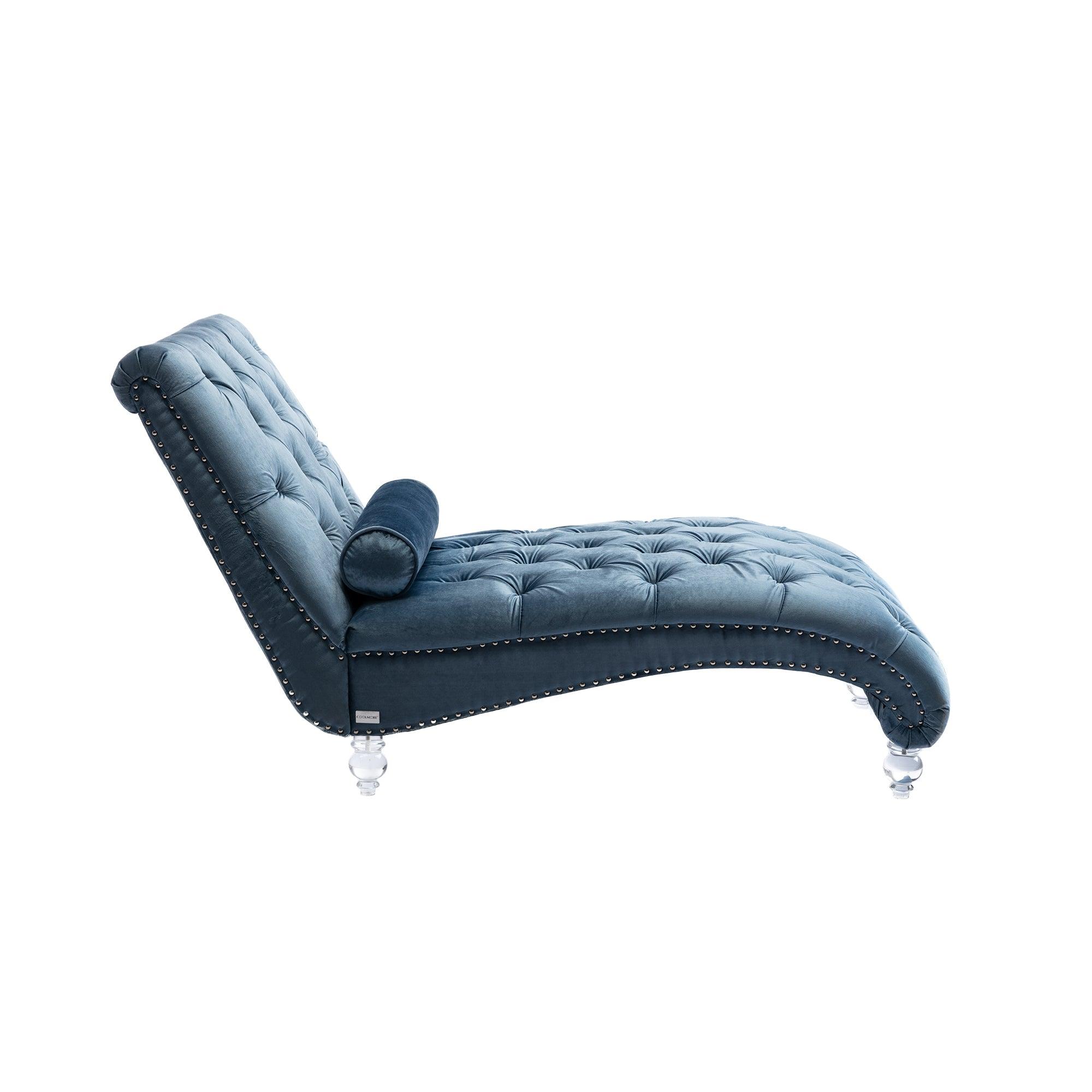 Luxury Velvet Chaise Lounge Chair - Button Tufted Upholstered Sofa with Pillow for Bedroom, Living Room & Office - Light Blue Velvet - Perfect for Relaxing, Reading & Home Decor