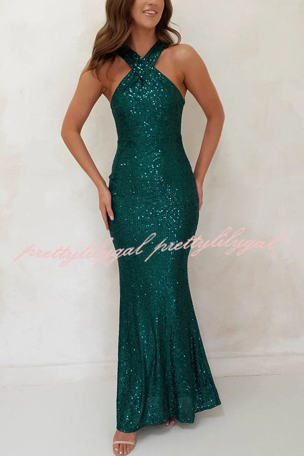 Sparkle Sequin Cross Halter Neck Backless Maxi Dress for Women - Elegant Evening Gown for Parties, Prom, Cocktail & Special Occasions