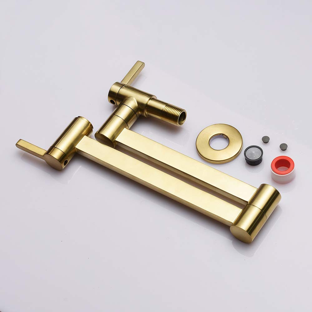 Brushed Gold Wall Mount Pot Filler Faucet - Solid Brass Swing Arm Folding Kitchen Faucet with Single Hole & Two Handles - Perfect for Modern Kitchens, Cooking Stations & High-End Restaurant Installations