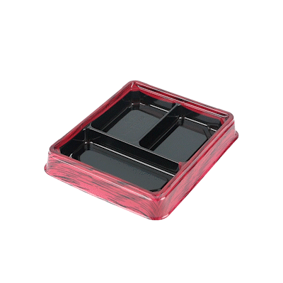 16 oz Red & Black Plastic Bento Box - 3 Compartment Rectangle Lunch Container (8.75
