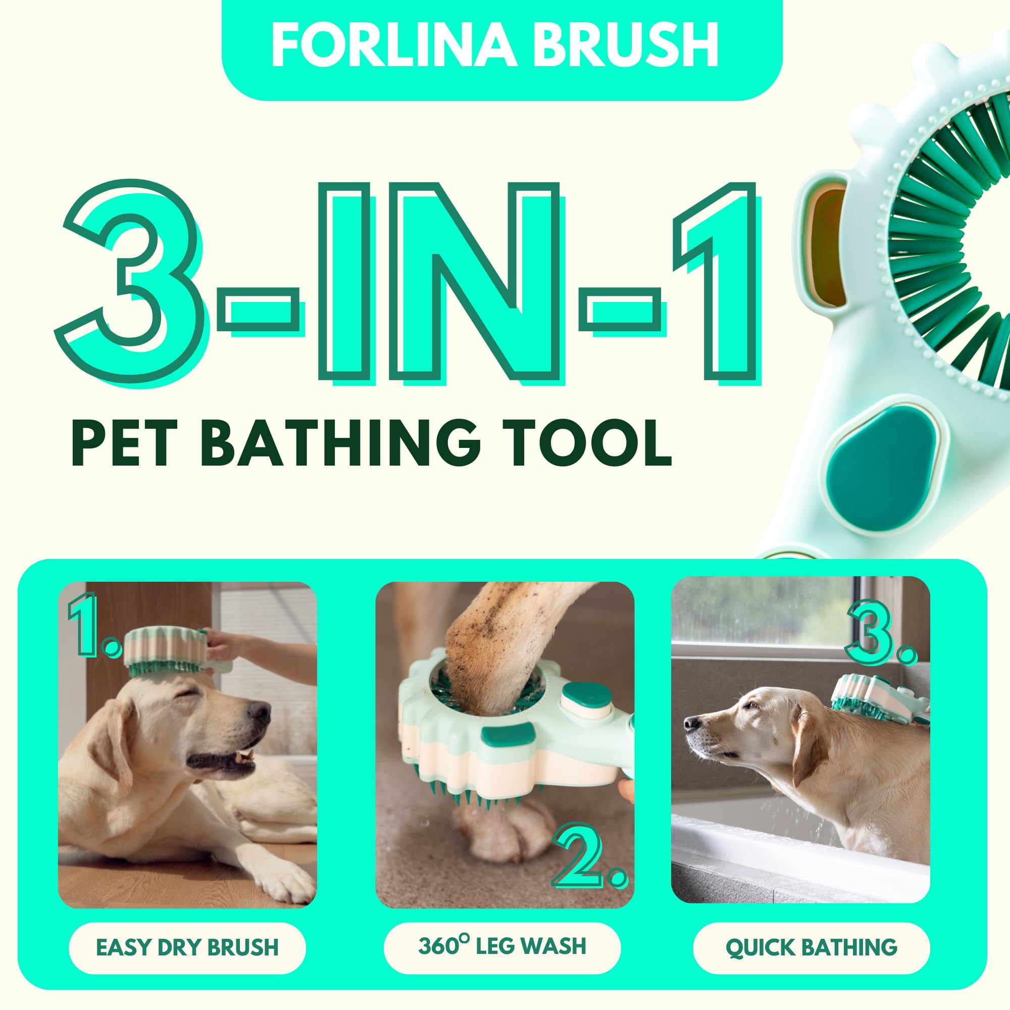 Forlina Dog Shower Attachment - One-Handed Pet Bath Brush with Soap Dispenser & Whirlpool Massage - Gentle Joint-Friendly Dog Washing Tool for Large Breeds - Perfect for Home Grooming & Spa Baths
