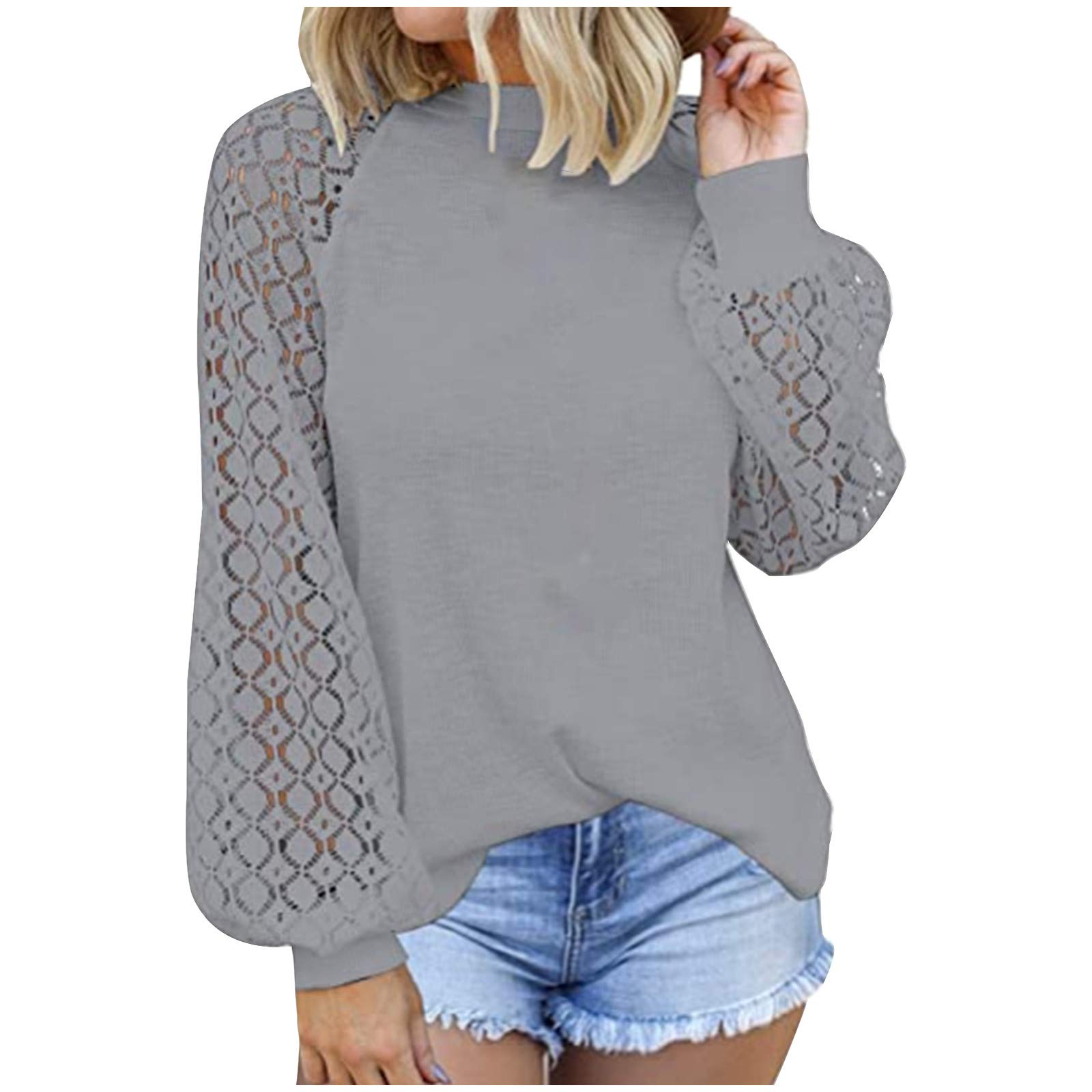 Women's Fall Sweaters - Casual Lace Long Sleeve Blouse, Solid Color Waffle Knit Pullover with Hollow Out Design | Perfect for Autumn Outfits, Office Wear & Date Nights