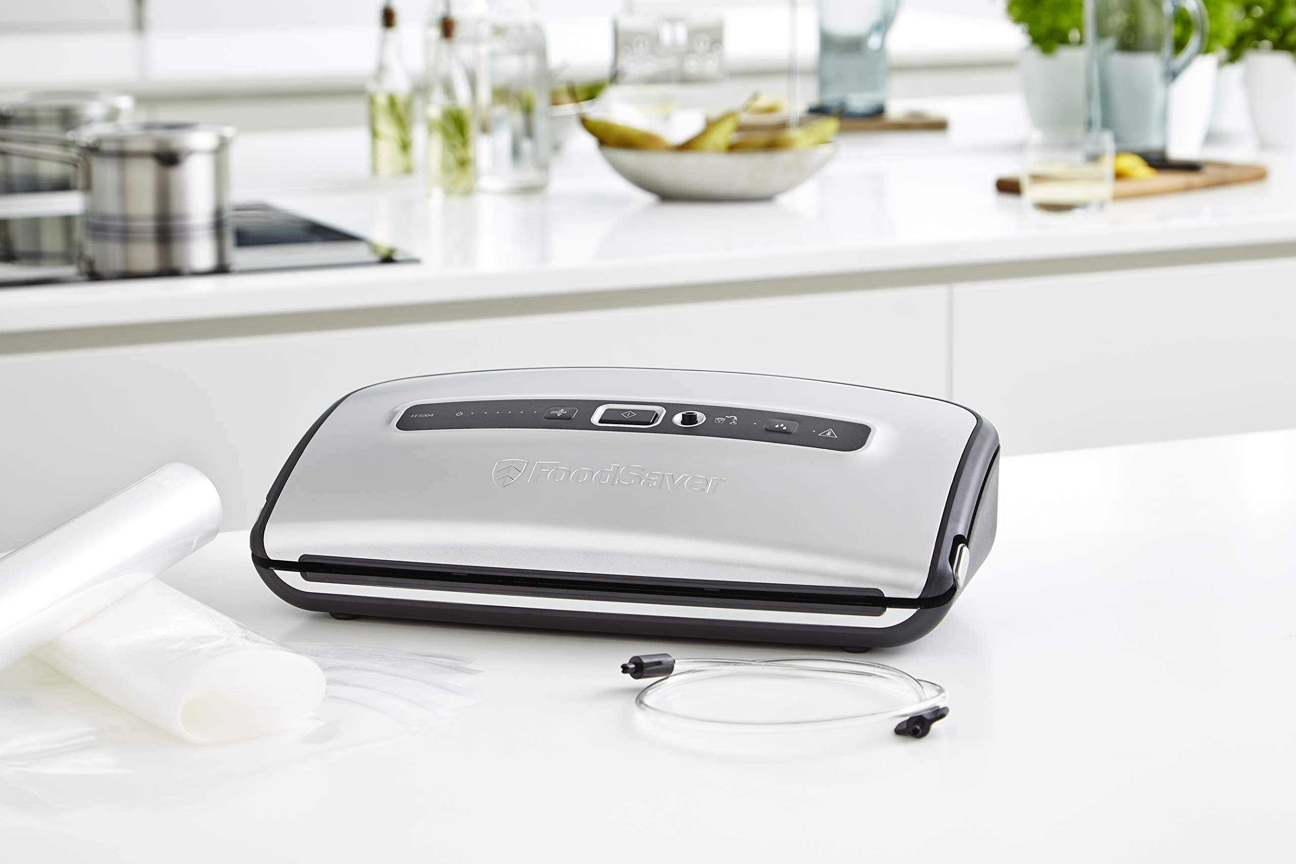 FoodSaver FFS016X Vacuum Sealer Machine for Dry and Wet Food - Built-in Cutter, Roll Holder, Automatic Sealing with Suction Function - Includes Tube Adapter & Accessories - Perfect for Meal Prep, Sous Vide, and Food Storage (Silver)