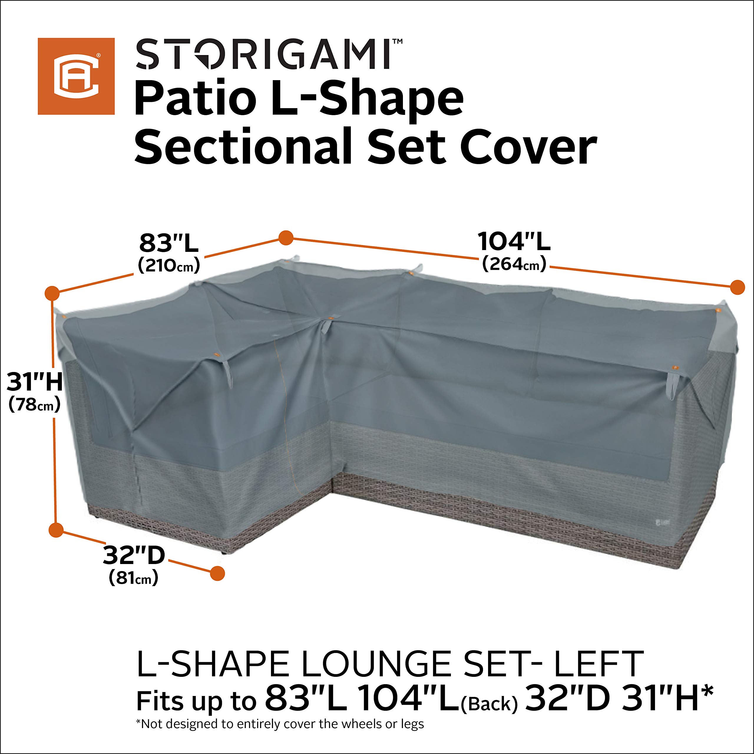 Storigami Water-Resistant 104 Inch Easy Fold Patio Left-Facing Sectional Lounge Set Cover - Monument Grey | Heavy Duty Outdoor Furniture Protection for Sofa, Loveseat & Sectionals | All-Weather Cover for Rain, Snow & UV Protection