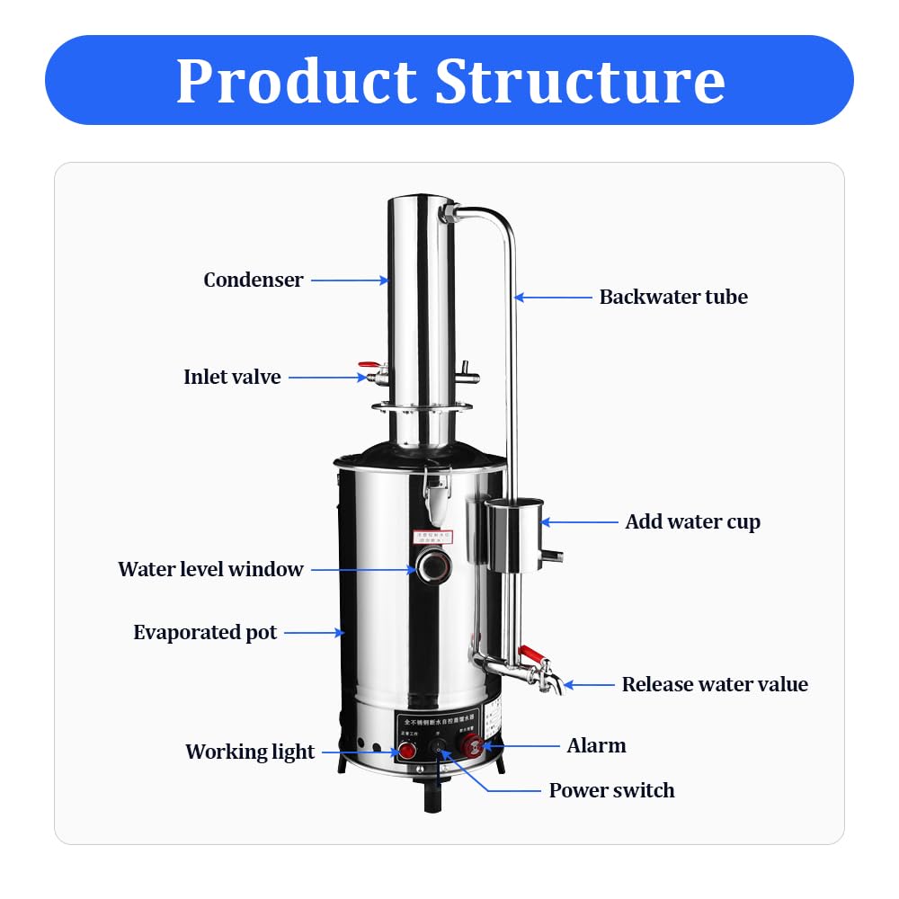 5L 110V Stainless Steel Water Distiller for Dental, Lab & Home Use - Electric Water Purifier with Heated Pipe, Alarm & Filter Kit | Pure Water for Medical, Chemistry & Drinking Scenarios