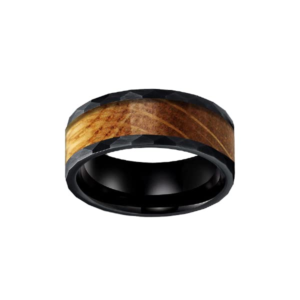 8mm Black Hammered Tungsten Wedding Band for Men with Bourbon Wood Inlay - Durable Mens Ring, Whiskey Barrel Inspired Jewelry - Perfect for Anniversary Gifts, Weddings & Bourbon Lovers (Wooden Inlay Ring)