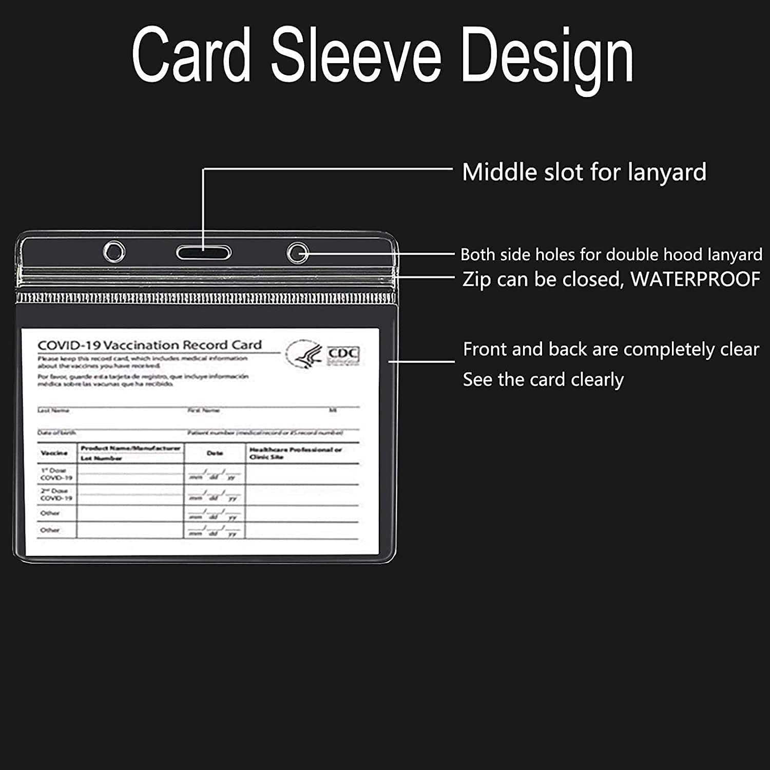 **12 Pack CDC Vaccination Card Protectors - Vinyl Plastic Sleeve with 3 Lanyard Slots for Travel, Events & Daily Use - Waterproof & Durable Covid Vaccine Card Holder**    (使用场景: Perfect for travel, concerts, schools, workplaces, and everyday protection of your vaccination records.)