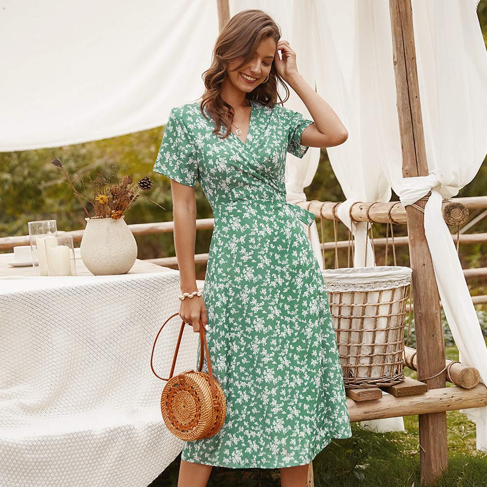 Women's Floral Long Dress - V Neck Short Sleeve Slim Fit Navy Blue Summer Dress for Beach, Party & Casual Wear