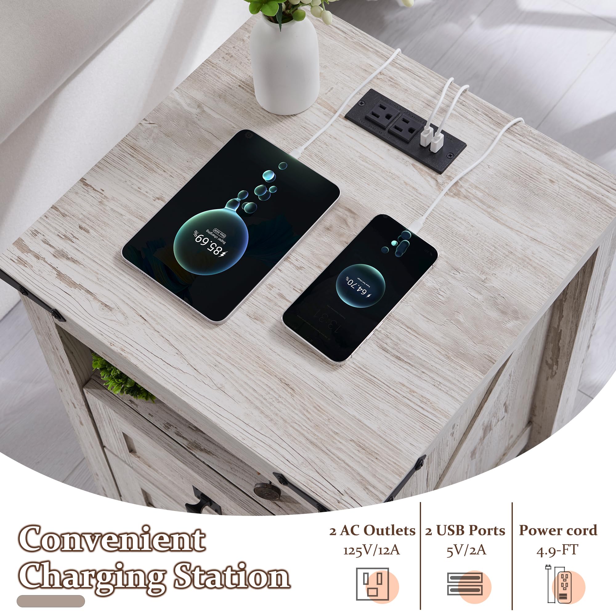 T4TREAM Nightstand with USB Charging Station, 2-Drawer Storage Cabinet - Rustic Wood End Table for Bedroom, Living Room & Farmhouse Decor - Antique White Finish | Perfect Bedside Table with Phone Charger & Storage Space