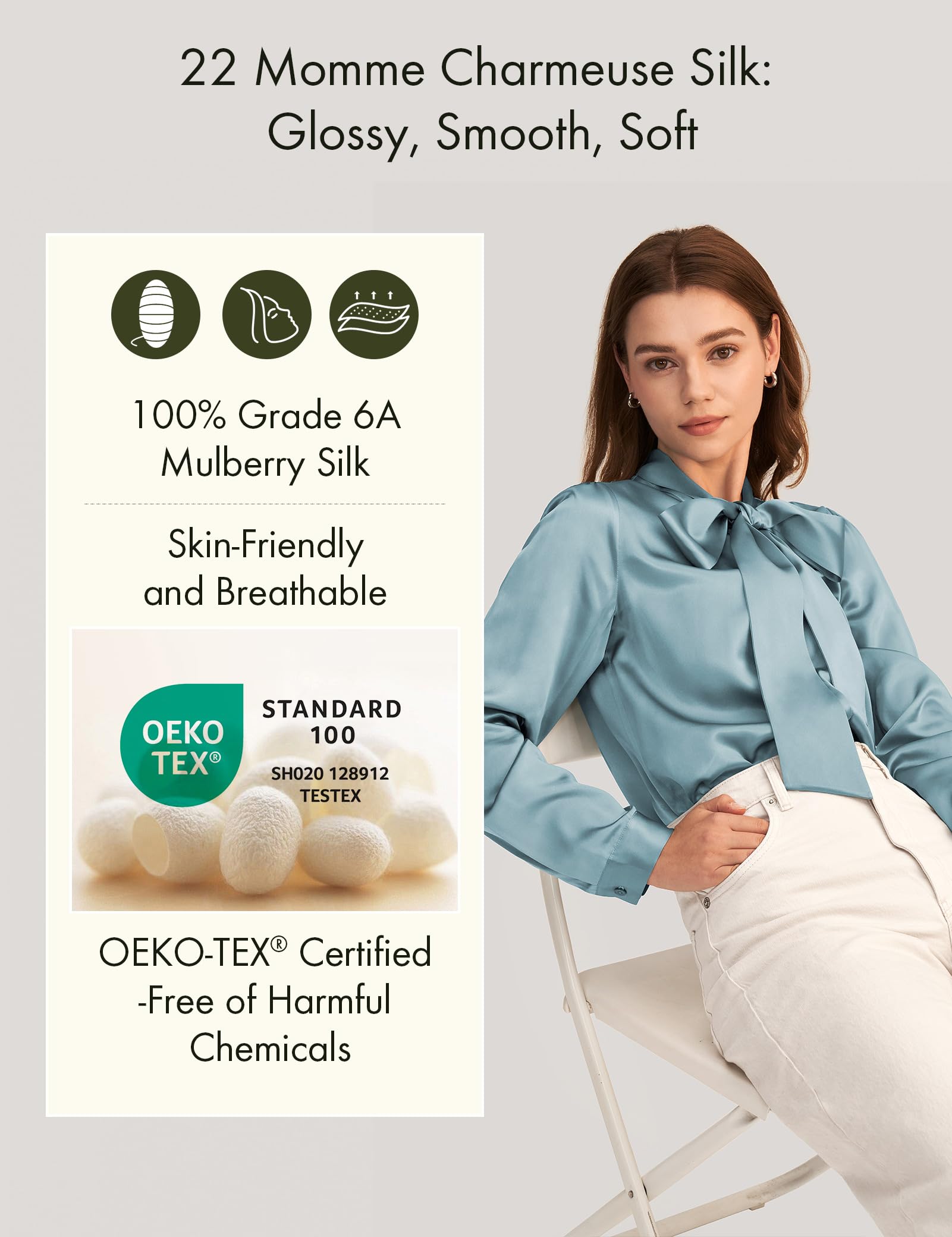 LilySilk Women's Vintage Bow-Tie Neck Silk Blouse - Long Sleeve Button Down Real Silk Shirt for Office, Party & Special Occasions