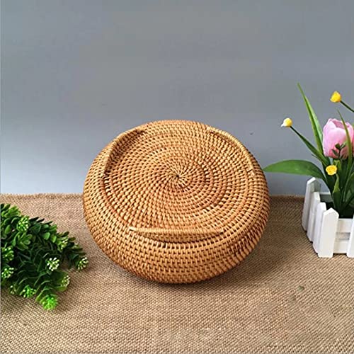 Hand-Woven Rattan Storage Basket with Lid - Round Woven Storage Box for Jewelry, Snacks & Tea Set (22x13cm/28x14cm) - Natural Home Organization for Bedroom, Bathroom & Living Room Decor