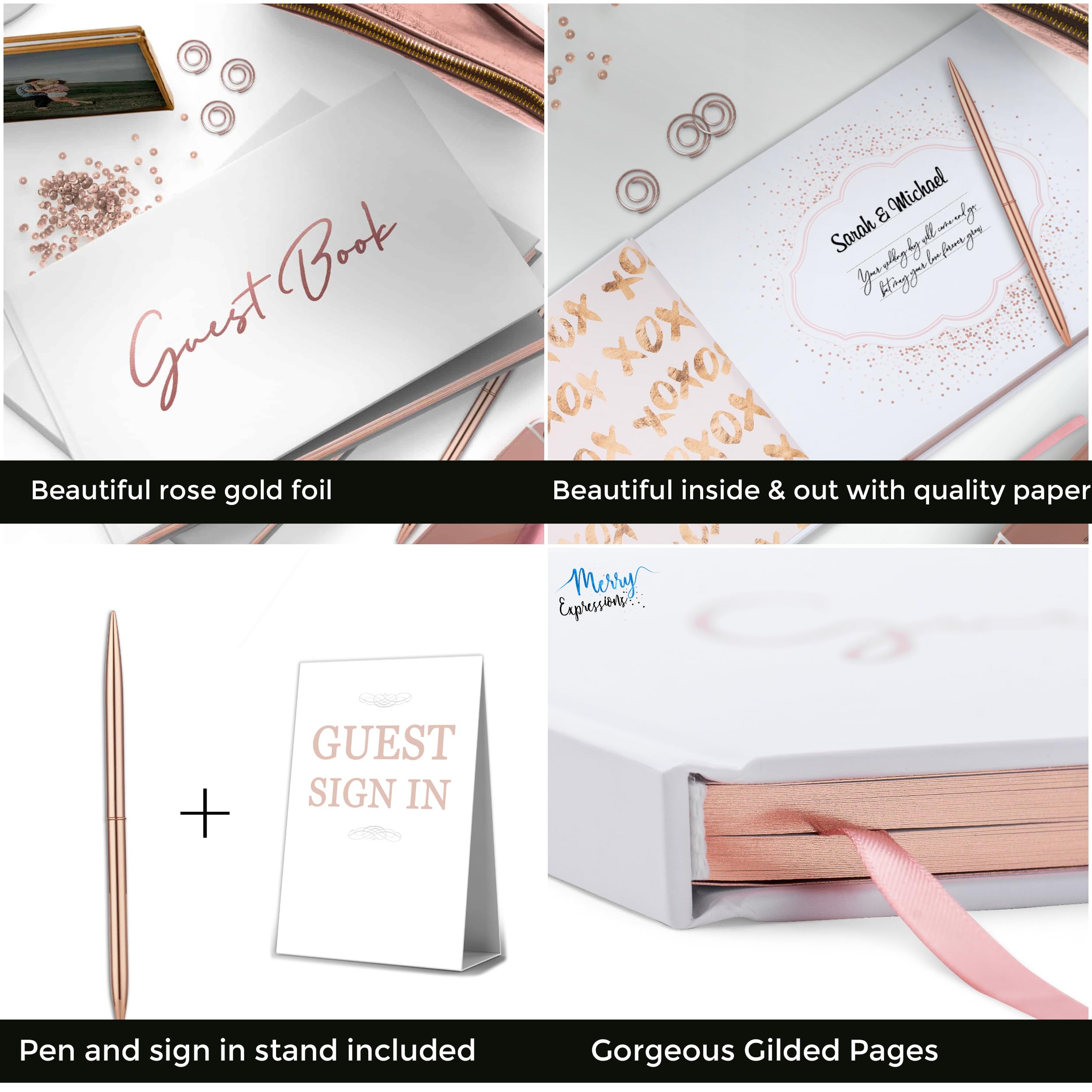 Elegant Pink & Rose Gold Guest Book with Pen & Table Sign - 7x9 Inch Wedding Guestbook for Reception, Bridal & Baby Showers, Birthday Parties - Gilded Pages with Blank Left Side for Polaroids - Perfect for Cherishing Memories at Special Events