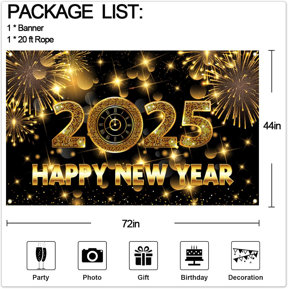 72 x 44 Inch Large Happy New Year Banner 2025 - Black Gold Background New Year Backdrop for Party Decorations, Photo Booths & Wall Decor | 2025 New Years Eve Celebration Supplies
