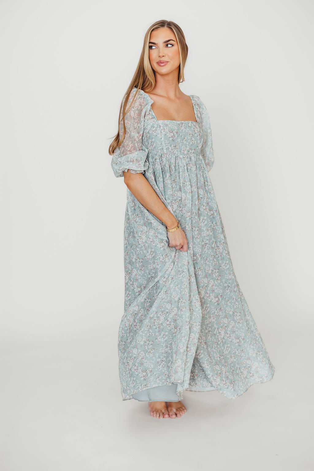 Mona Maxi Dress with Smocking in Sage Green Floral - Bump Friendly & Inclusive Sizing (S-3XL) | Perfect for Maternity, Beach Vacations & Summer Weddings