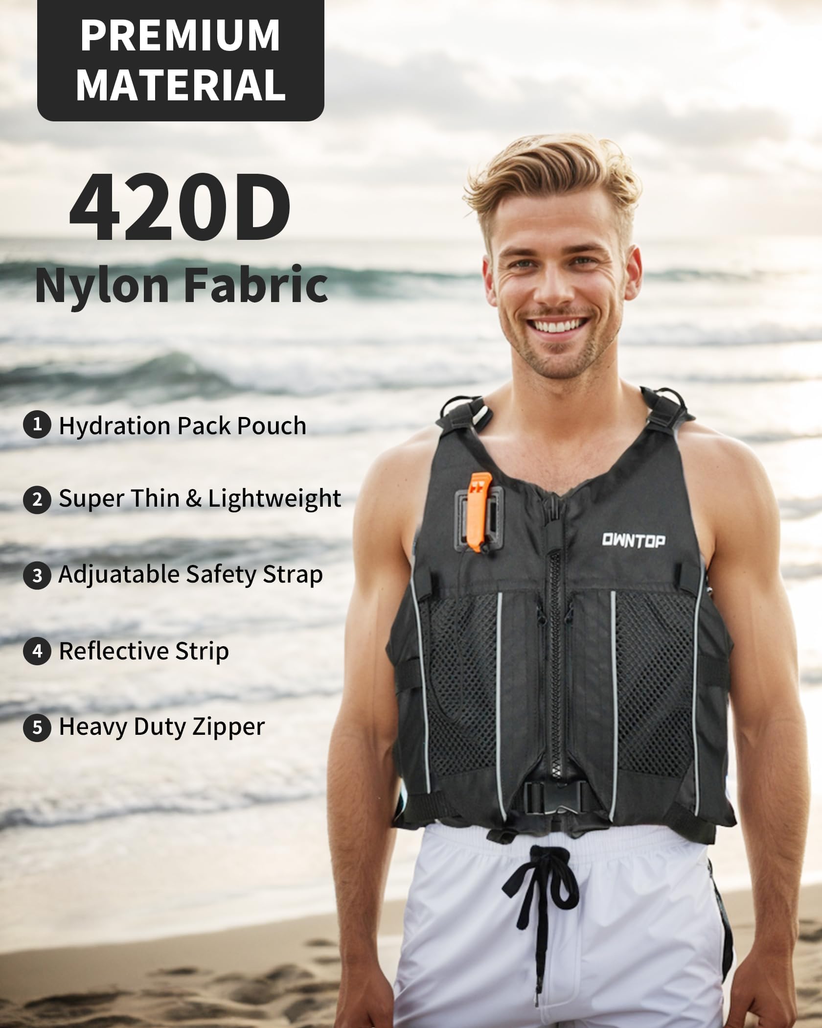 Owntop Swim Jacket for Adults & Youth - Ultra-Thin Hydration Pack with Dual Mesh Pockets & Attached Whistle - Perfect for Kayaking, Boating, Fishing and All Water Sports - Ideal for Swimming, Surfing and Outdoor Water Activities