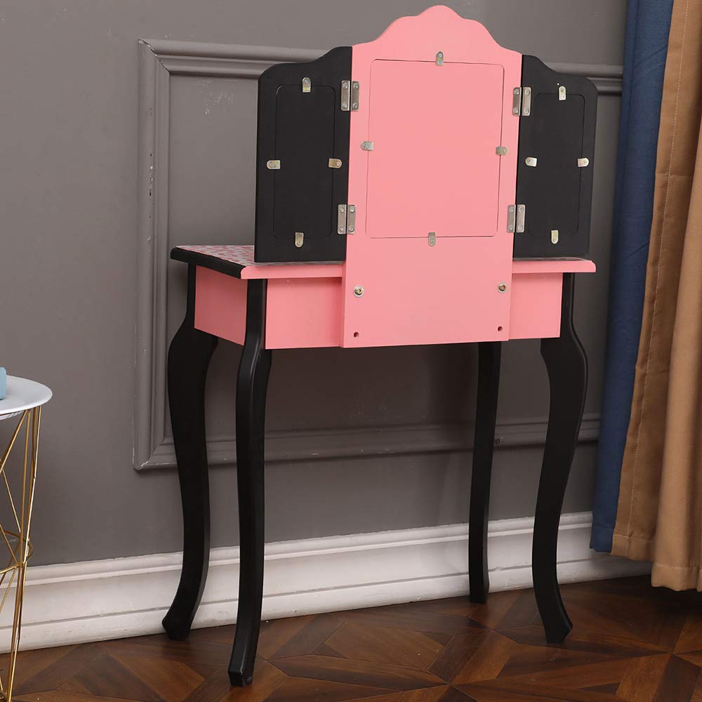 Pink and Black Kids Vanity Set with Three-Fold Mirror, Vanity Table & Chair, Single-Drawer Dressing Table for Girls - Perfect for Bedroom Decor, Pretend Play & Birthday Gifts