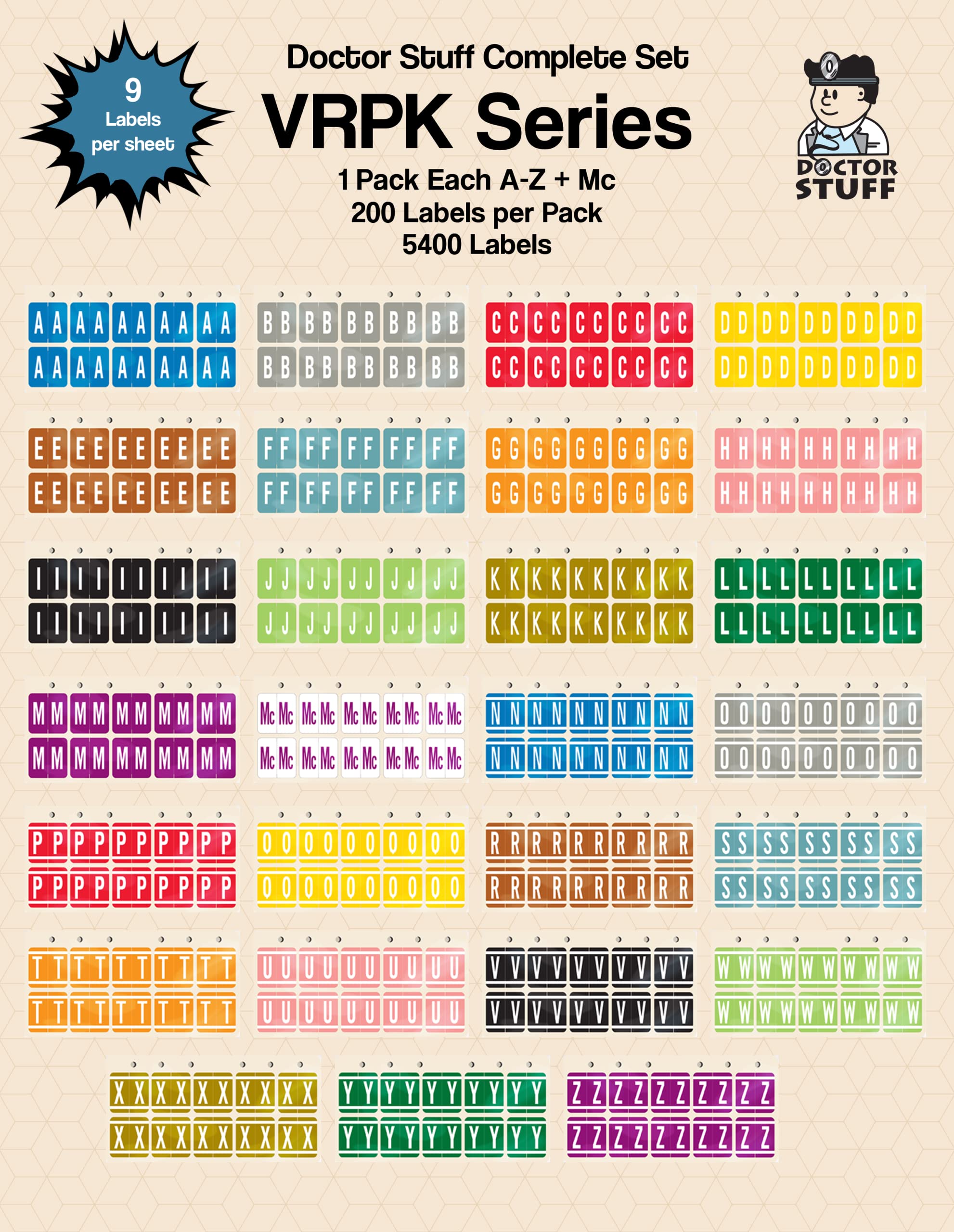 Doctor Stuff - Alphabet Letter File Folder Labels, 1 Pack A-Z & Mc on Ringbook Sheets (5400 Labels, 1.3