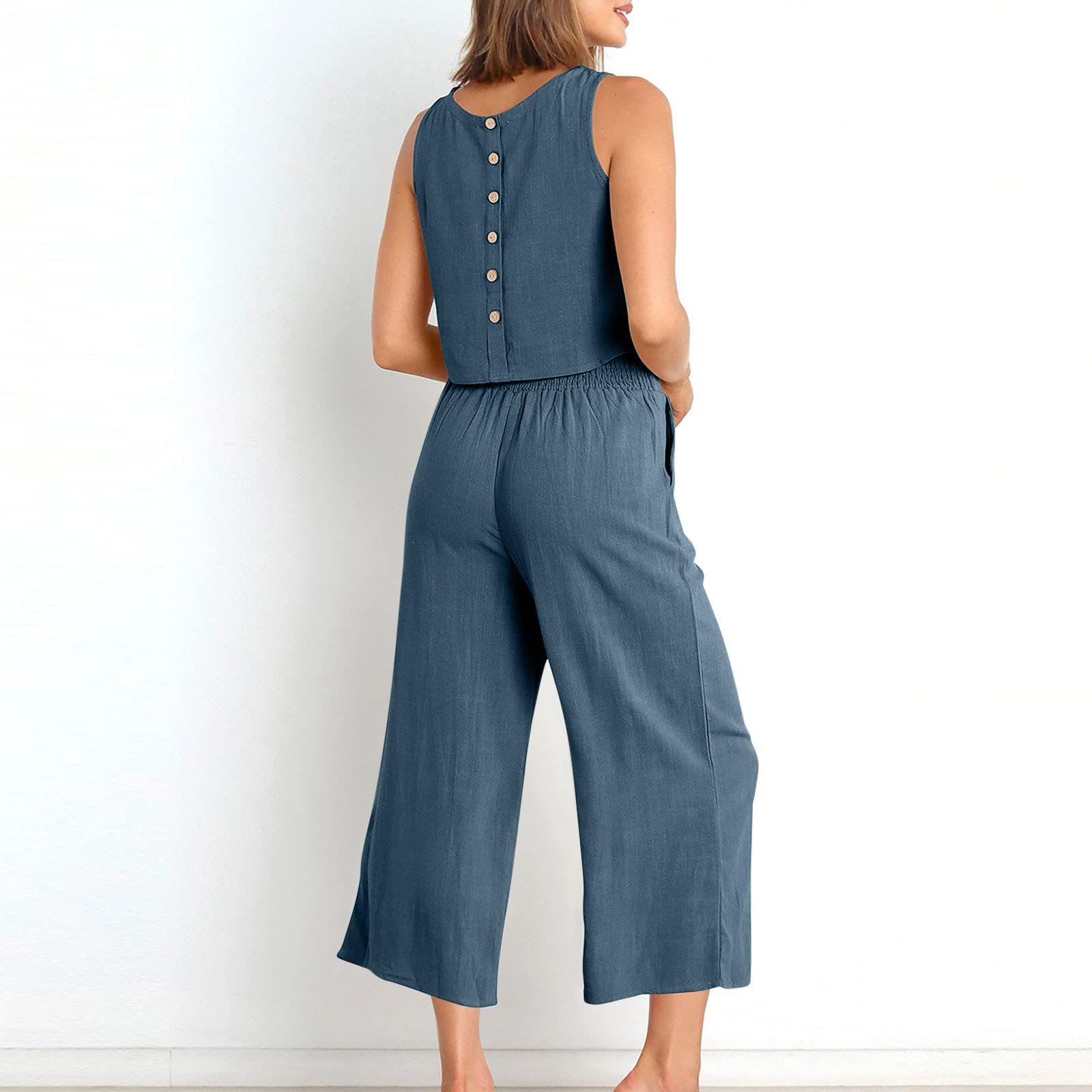 Women's 2-Piece Summer Outfit Set - Linen Crop Top & High Waist Wide Leg Capri Pants | Lounge Wear, Casual Chic, Beach Vacation, Street Style Fashion