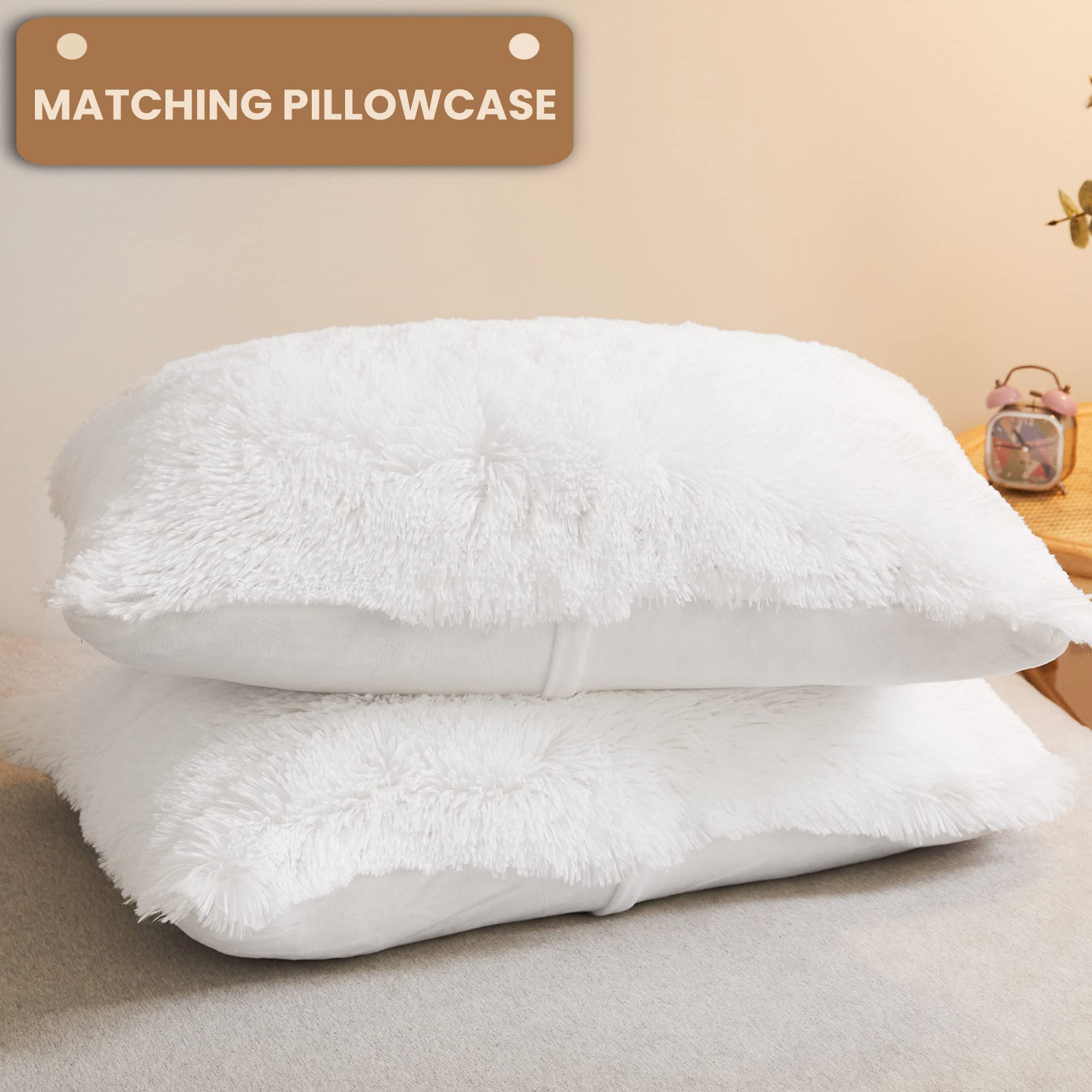 Luxury Shaggy Plush Duvet Cover Set - Soft 3-Piece Fluffy Faux Fur Comforter Cover with Zipper Closure, Fuzzy Velvet Bedding Set for Queen Size Bed (1 Duvet Cover + 2 Pillowcases) in White - Perfect for Cozy Winter Nights & Stylish Bedroom Decor