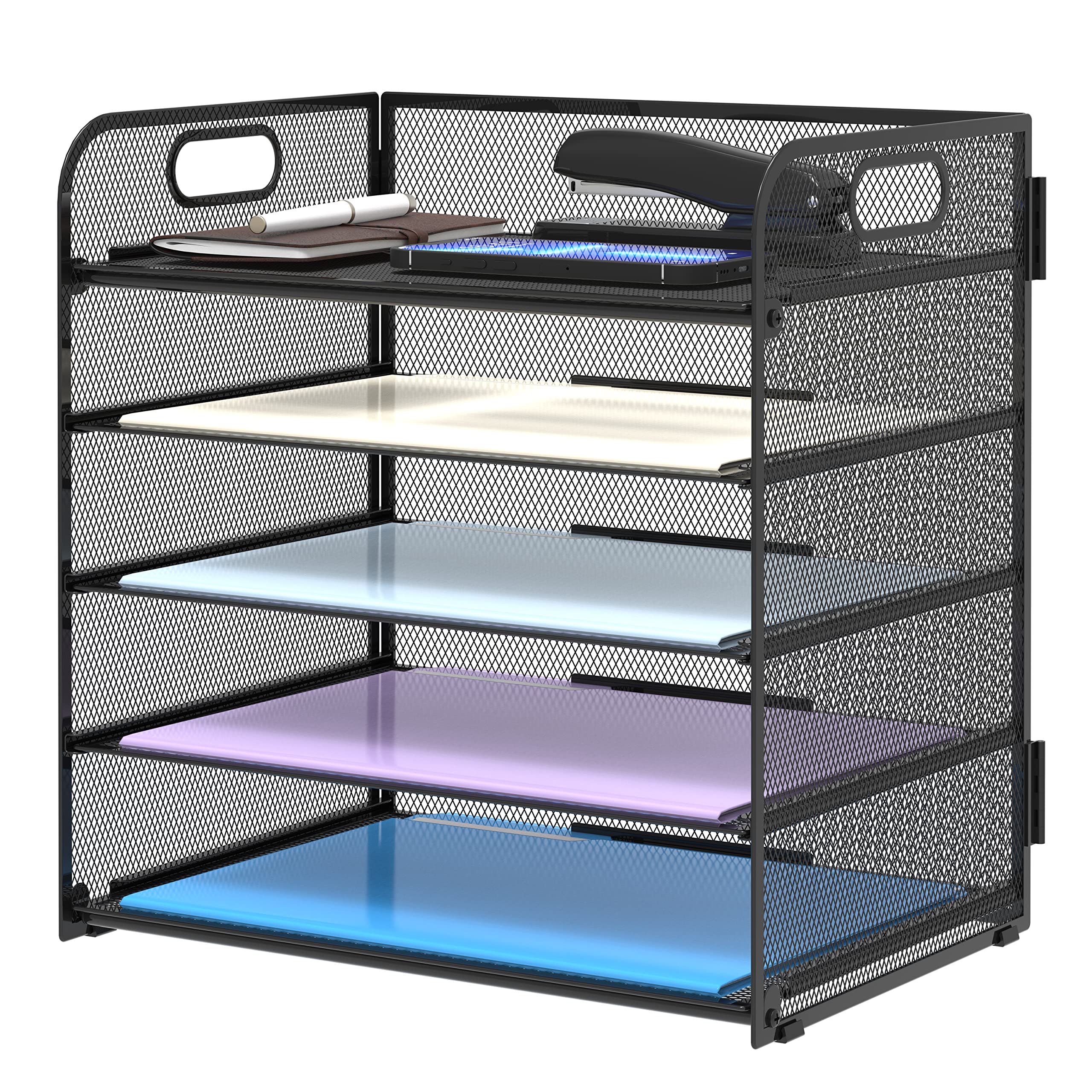Supeasy 5-Tier Mesh Desk File Organizer with Handles - Letter Tray Paper Sorter for Office, Home & School - Perfect for Bills, Mail, Documents & Office Supplies Organization