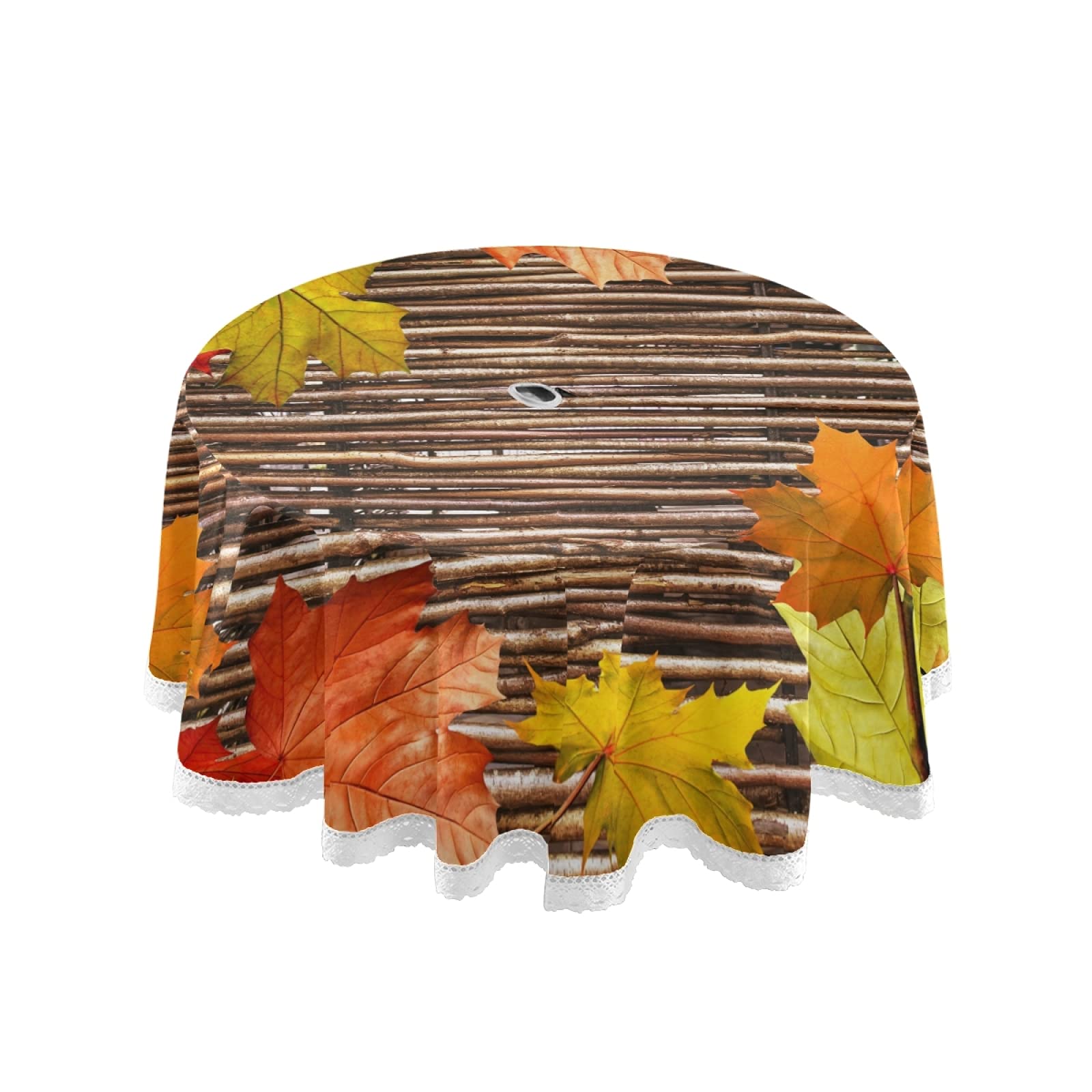 Autumn Red Orange Leaves Outdoor Tablecloth - 60 Inch Round Fall Maple Wood Texture Table Cover with Umbrella Hole & Zipper - Waterproof Patio Dining Cloth for Backyard BBQ, Picnic, Thanksgiving, and Outdoor Parties