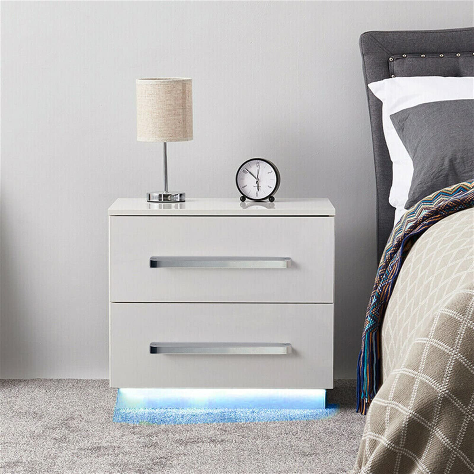 Modern RGB LED Nightstand with 2 Drawers - High Gloss Storage Cabinet with Remote Control - Multi-Purpose End Table Organizer for Bedroom & Living Room - White Home Furniture for Ambient Lighting & Smart Storage Solutions