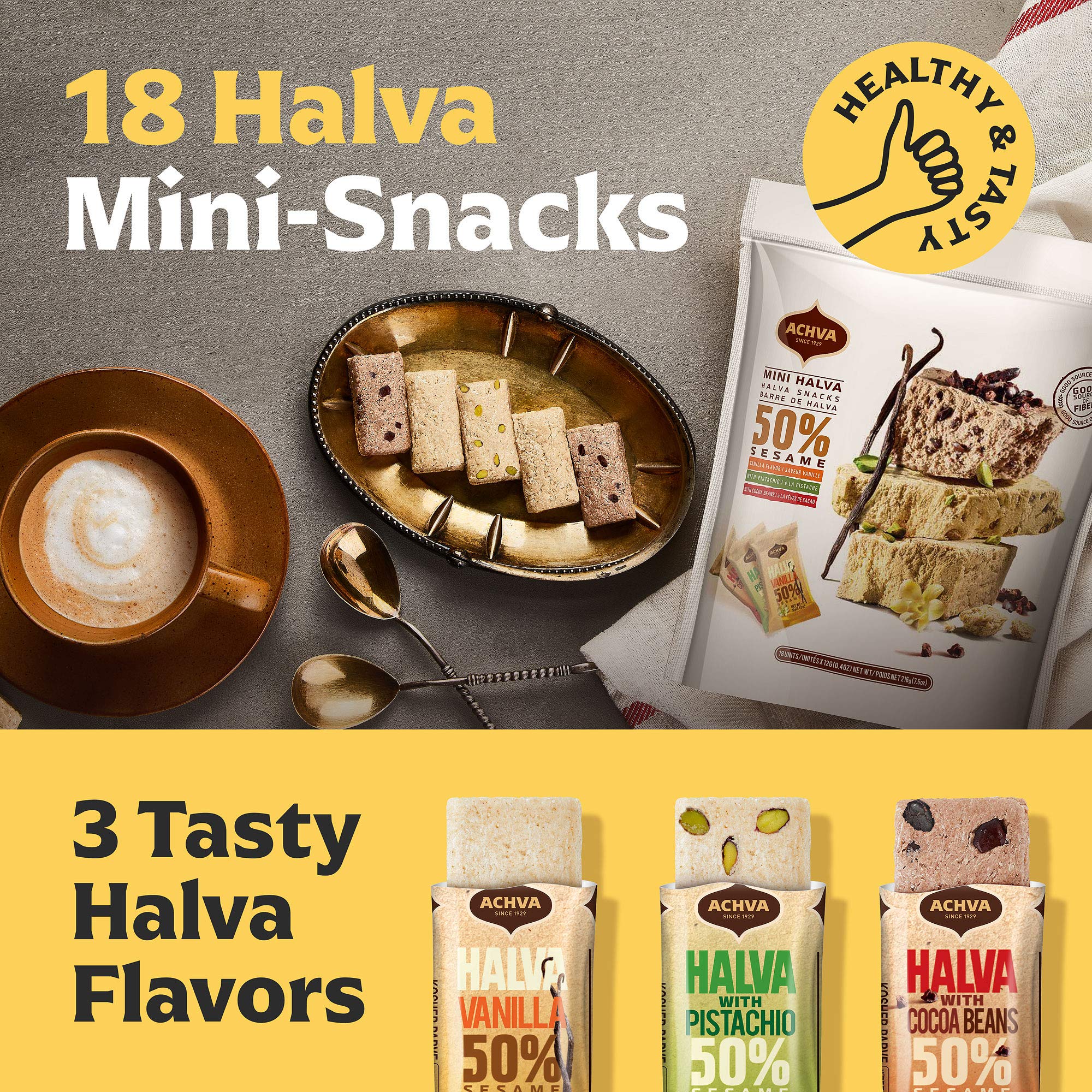 Achva Halva Tahini Bar Mini Snacks - 18-Pack Assorted Halvah Bars with Pistachio, Vanilla & Cocoa Flavors | Vegan, Kosher, Gluten-Free & Lactose-Free Israeli Snacks (12g Each) | Perfect for On-the-Go, Lunchboxes & Healthy Dessert Cravings