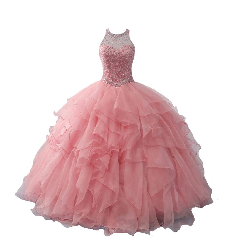 Elegant ANGELA Women's Halter Beads Ball Gown Quinceanera Dress - Organza Long Prom Dress for Weddings, Parties & Special Occasions