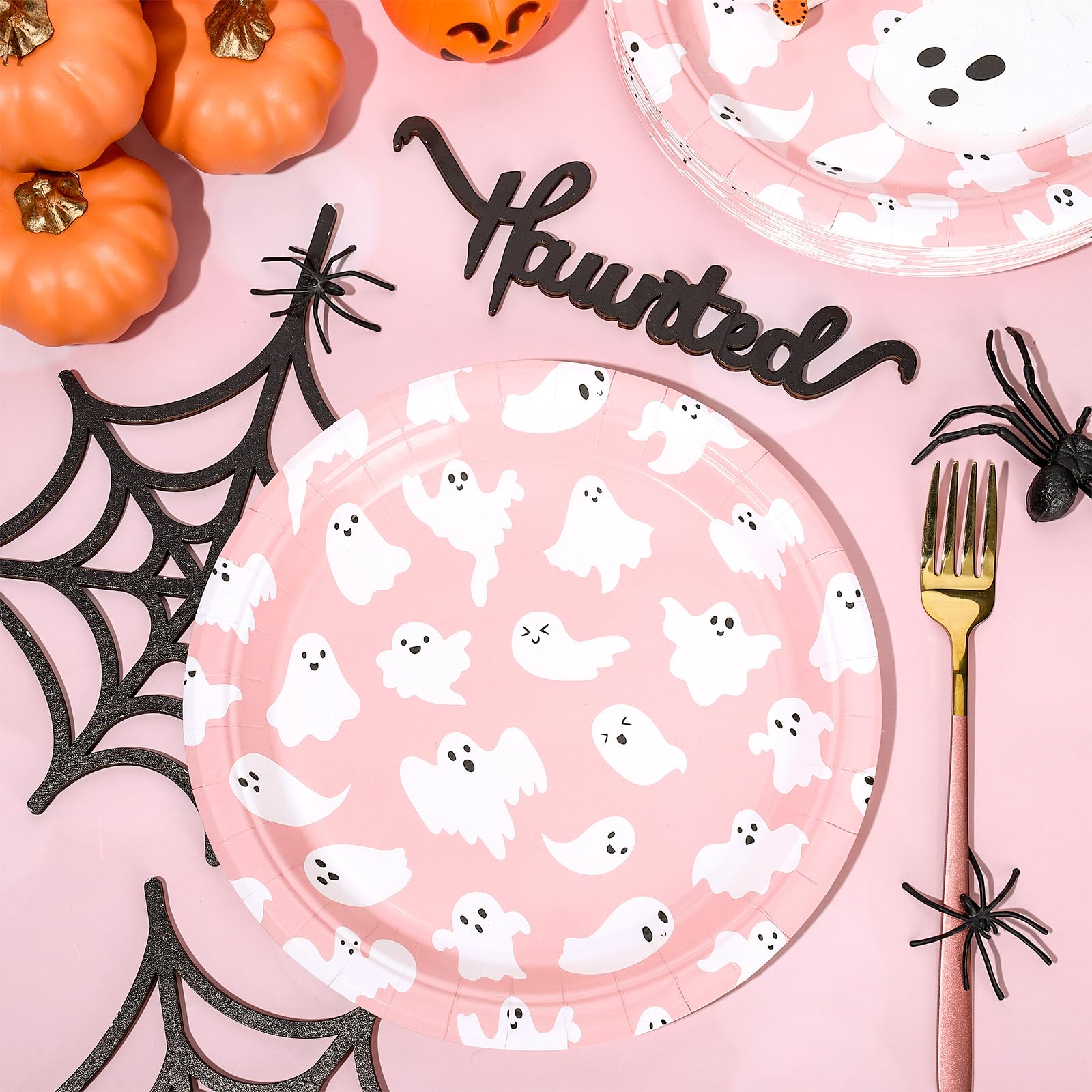 Whaline 40Pcs Halloween Paper Plates - 9 Inch Pink Ghost Disposable Plates, Cute Cartoon Ghost Round Plates for Halloween Party, Birthday, Baby Shower, Table Decor & Party Supplies | Perfect for Spooky Decorations, Themed Events & Festive Gatherings