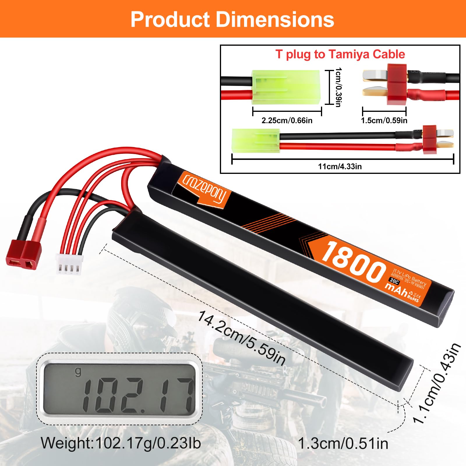 Crazepony 11.1V 1800mAh 3S LiPo Battery with Deans T Plug to Mini Tamiya Adapter Cable - Perfect for RC Cars, Drones, and Remote Control Vehicles