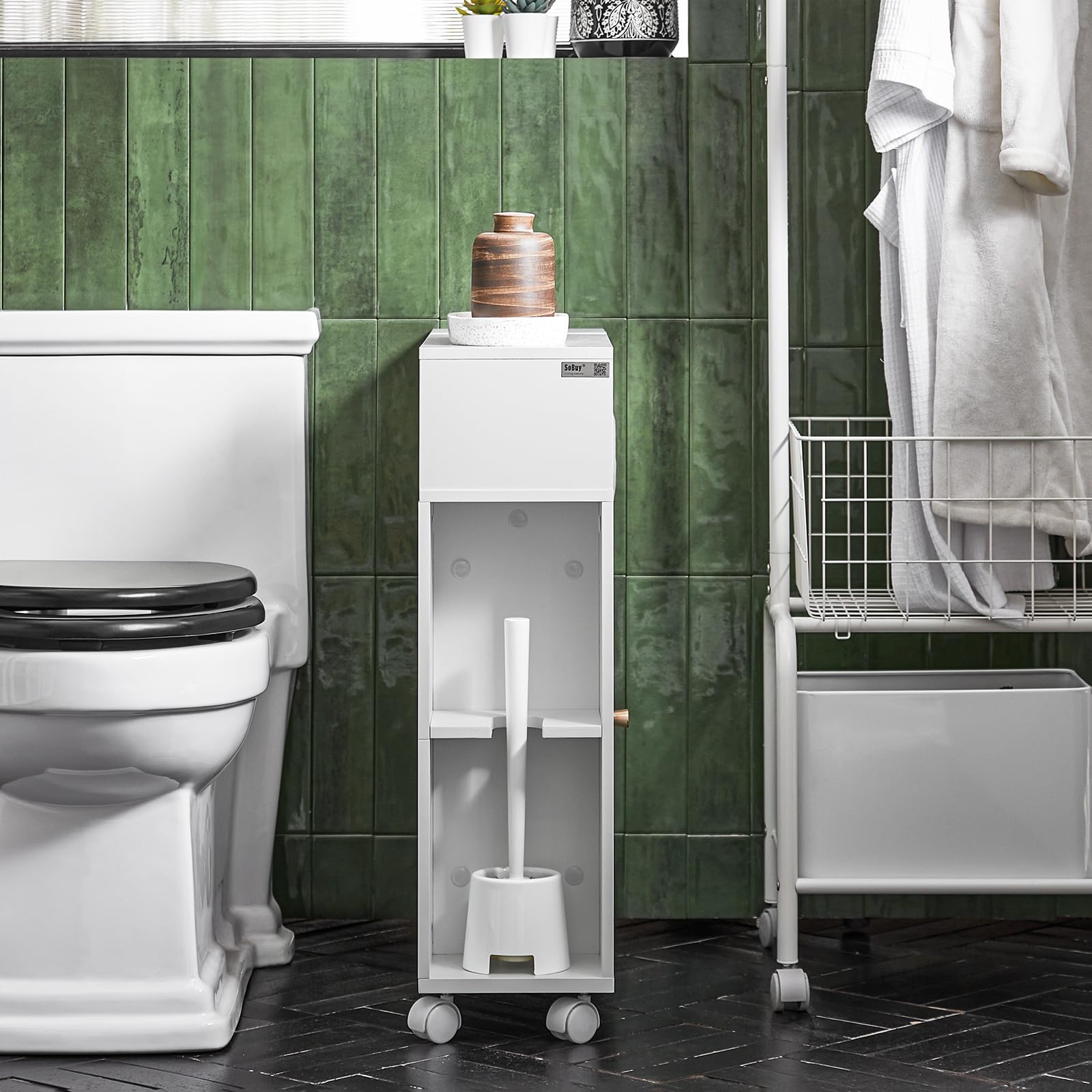 Haotian White Bathroom Magazine Holder - Narrow Toilet Storage Cabinet with Glass Doors for Bathroom Organization | Perfect for Small Spaces & Paper Roll Storage