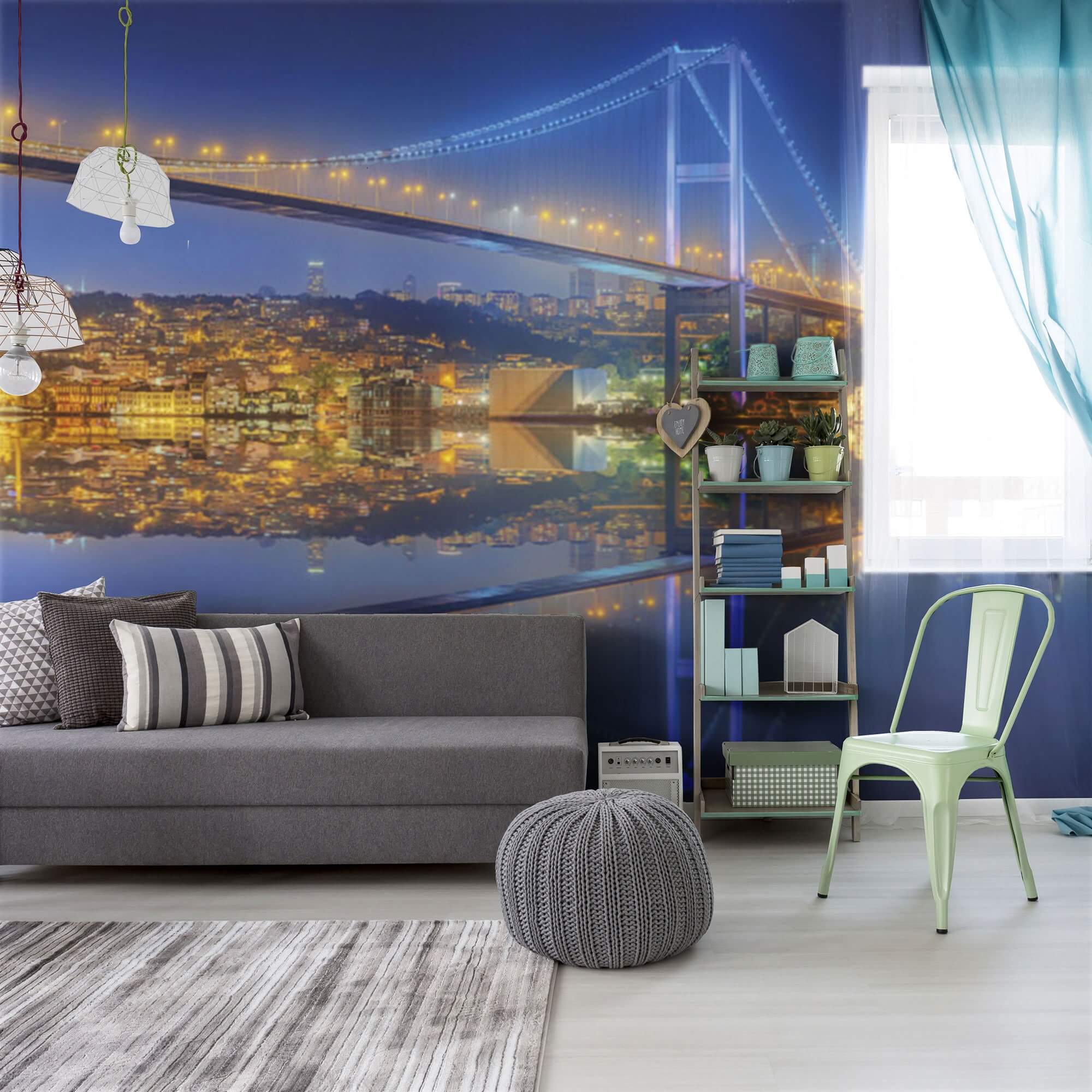 Gold and Blue Bridge Landscape Peel and Stick Removable Wall Mural - Self-Adhesive Wallpaper for Bedroom, Living Room, Office Decor - Easy to Install & Remove