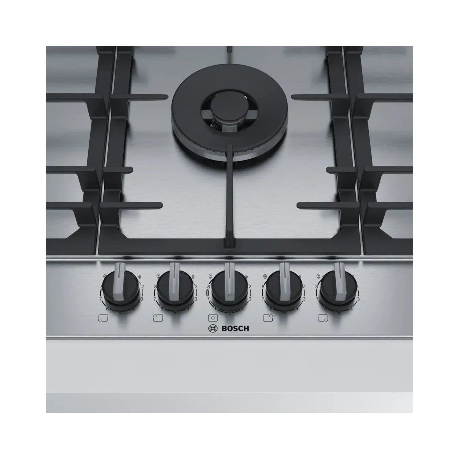 Bosch PCR9A5B90 Serie 6 Gas Cooktop - 90cm Stainless Steel with Cast Iron Grates, 9-Power FlameSelect & WOK Burner for Professional Cooking | Perfect for Home Kitchens & Asian Cuisine
