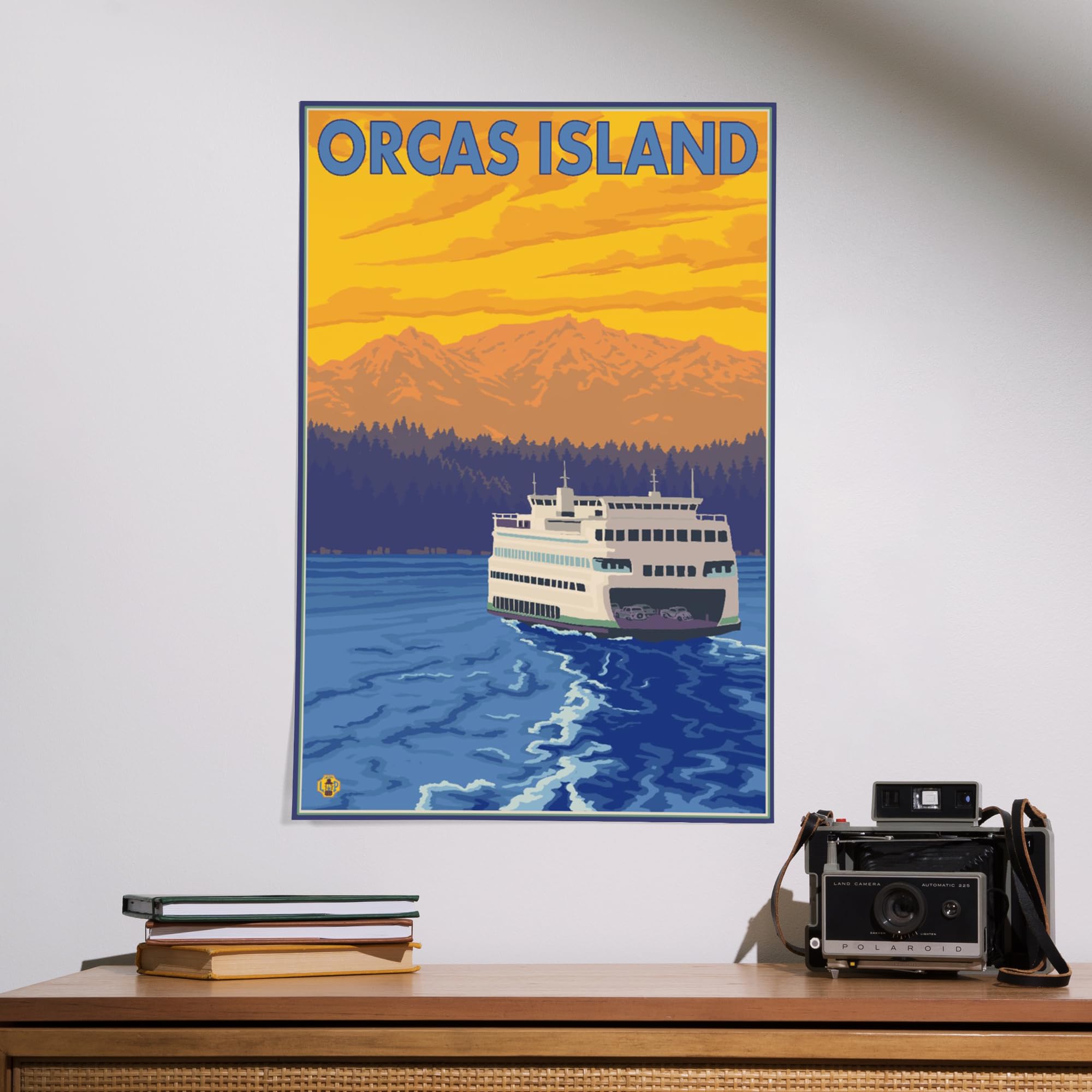 Lantern Press 16x24 Inch Giclee Art Print - Orcas Island Washington Landscape with Ferry and Mountains - Wall Decor for Living Room, Bedroom or Office
