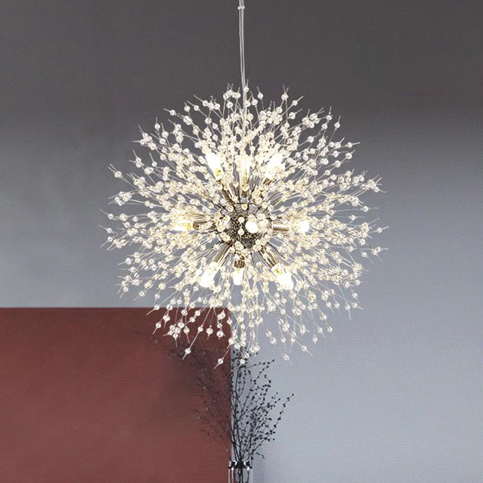 Modern Crystal Chandeliers - 9-Light Chrome Dandelion Firework Pendant Lighting Fixture for Dining Room, Bedroom, Living Room | Elegant Ceiling Light for Home, Restaurant, Kitchen & Hallway Decor