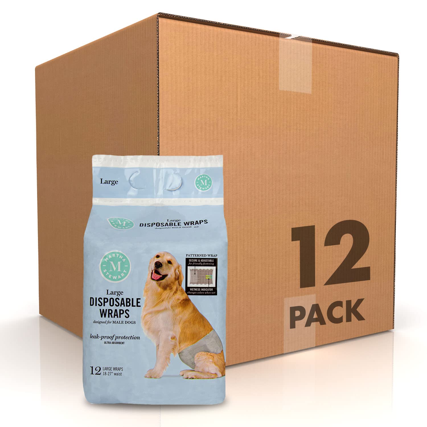 **Martha Stewart for Pets Large Male Dog Wraps - 144 Count Disposable Diapers for Dogs | Leakproof & Absorbent | 18
