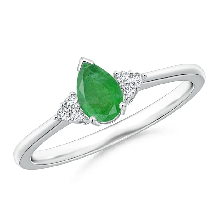 Emerald and Diamond Solitaire Ring for Women - 6x4mm Pear Cut Emerald with Trio Diamond Accents - Elegant Jewelry for Engagement, Anniversary & Special Occasions
