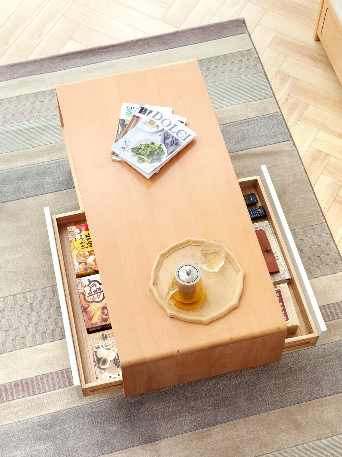 Solid Beech Wood Coffee Table - Rustic Warm Brown Finish for Living Room, Lounge & Home Decor