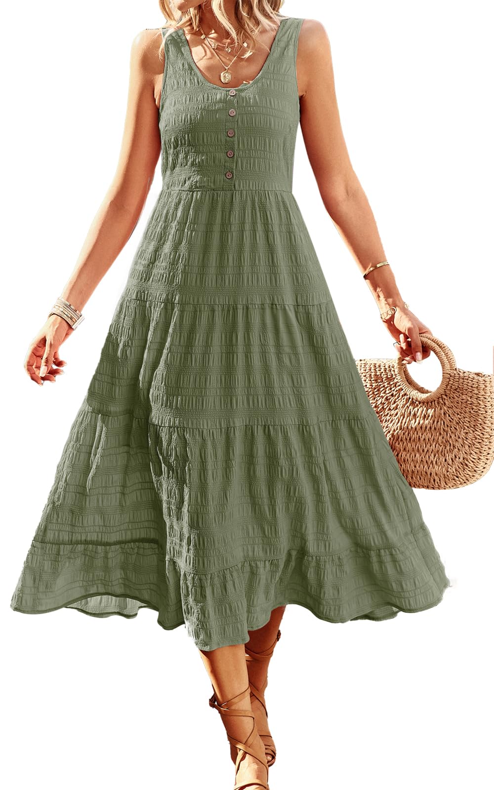 Women's Casual Summer Dress - Loose Sleeveless Tank Sundress with Smocked Tiered Flowy Midi Design & Pockets | Perfect for Beach, Vacation, and Everyday Wear