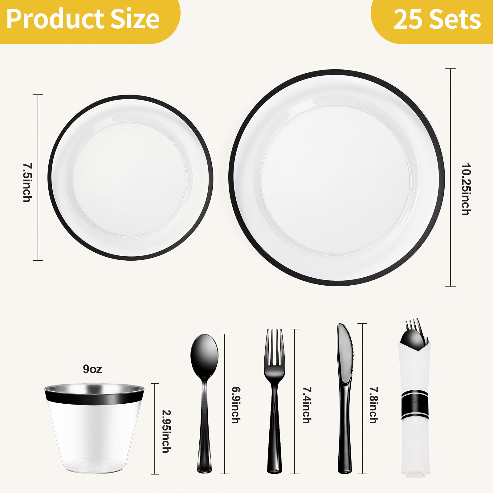 Goodluck 175-Piece Black Plastic Dinnerware Set for Party - Disposable Plates, Cups & Cutlery for 25 Guests - Includes 25 Dinner Plates, Dessert Plates, Pre-Rolled Napkins & Cups - Perfect for Birthday Parties, BBQs, Picnics & Events
