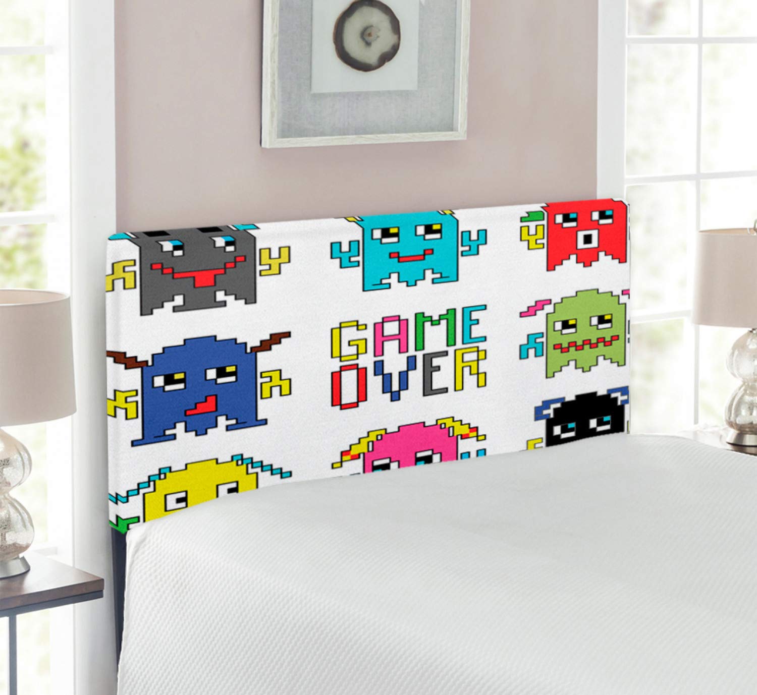 Ambesonne 90s Pixel Robot Emoticons Headboard - Twin Size Upholstered Metal Bed Frame with Memory Foam | Retro Video Game Inspired Decor | Yellow & Red Gaming Theme for Kids' Bedroom or Game Room