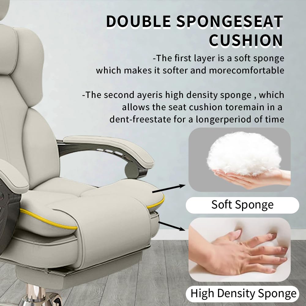 Ergonomic Office Chair with High Back Cushion & Lumbar Support - Adjustable PU Leather Computer Desk Chair with Footrest for Home Office, Gaming & Workstation - Grey (Perfect for Long Work Hours & Comfortable Gaming Sessions)