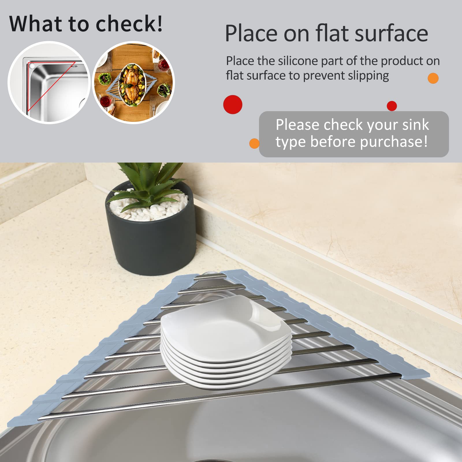 2 Pack Stainless Steel Sink Rack - Multi-Function Roll Up Drying Rack for Kitchen Sink Corner, Space Saving Dish Drainer (Gray) | Perfect for Small Kitchens, RV, Apartment & Countertop Organization