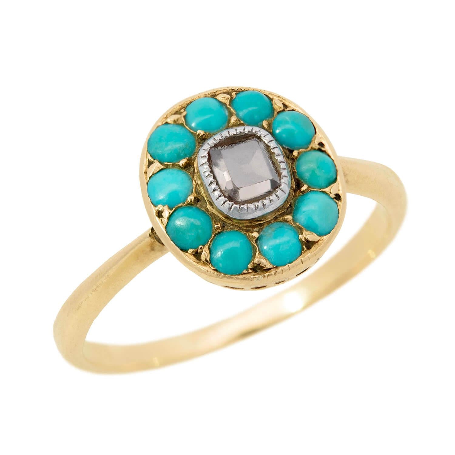 Antique Early Victorian 18K Gold Turquoise and Diamond Cluster Ring - Vintage Jewelry for Women, Bridal Gift, Special Occasion Wear