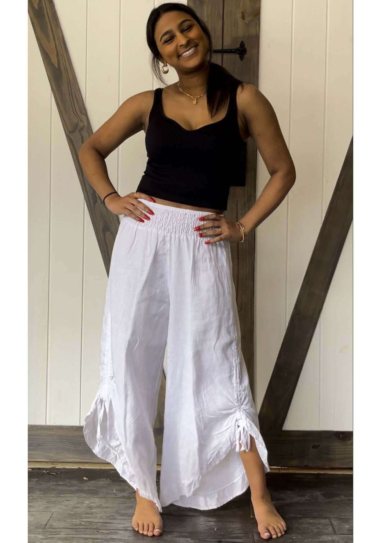 Linen Smocked Waist Gypsy Pants - Made in USA - Bohemian Style Comfortable Summer Beach Pants for Women