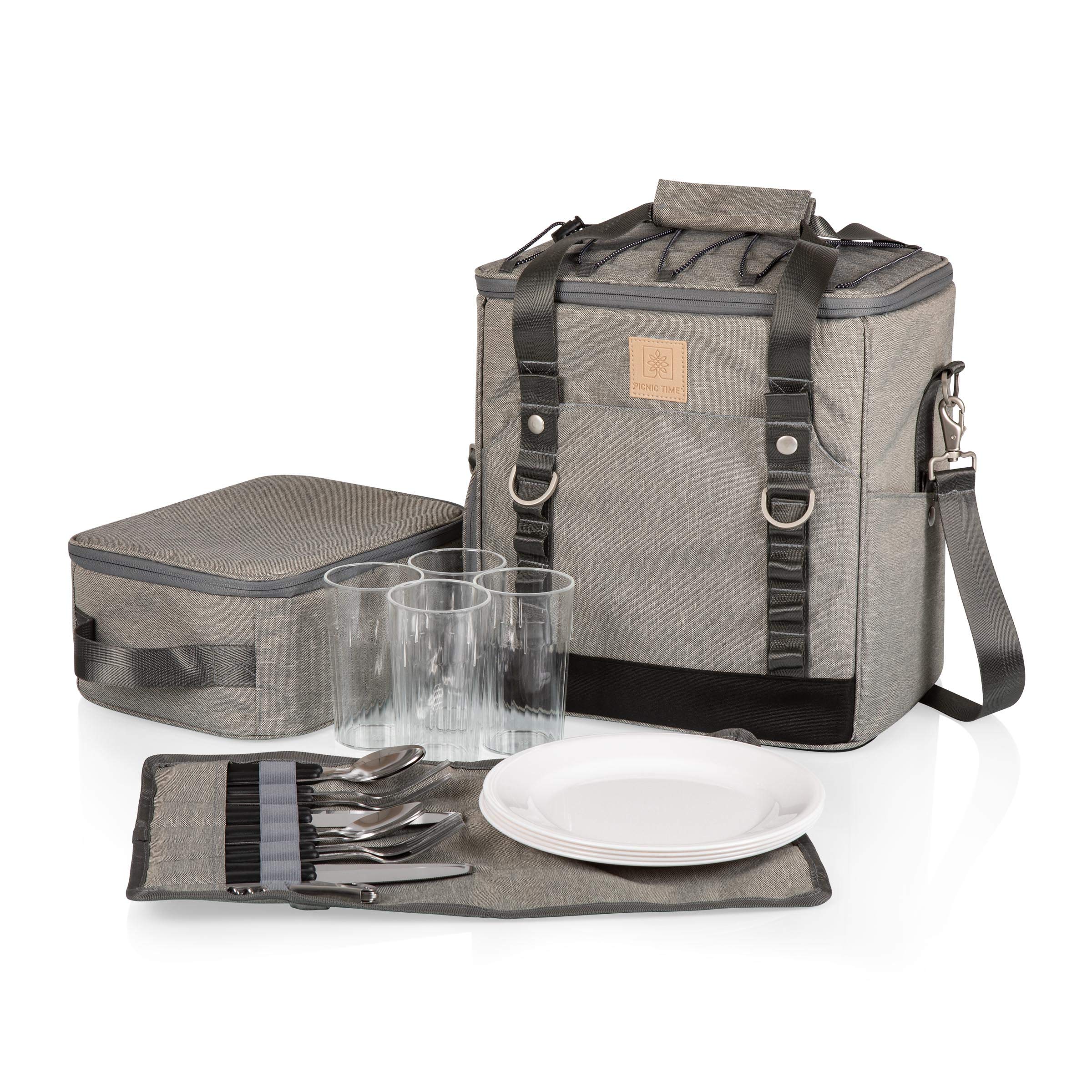 PICNIC TIME PT-Frontier Insulated Picnic Cooler Tote Bag with Picnic Set - Portable Soft-Sided Cooler for Beach, Camping & Outdoor Activities (Heathered Gray)