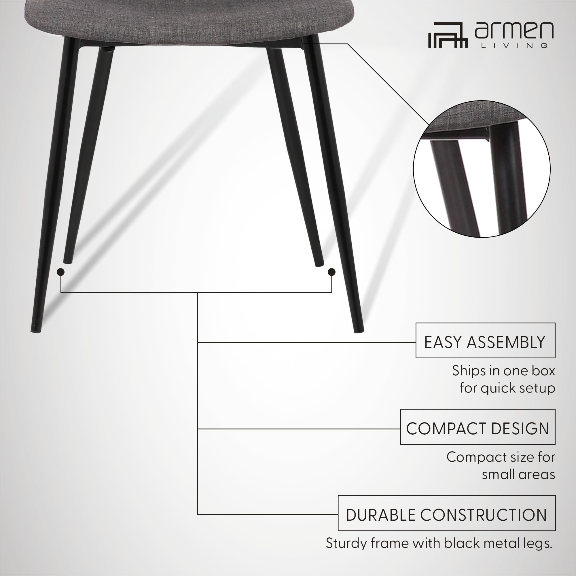 Armen Living Monte Mid Century Modern Dining Chair - Charcoal Gray Fabric Upholstery with Black Metal Legs - Perfect for Kitchen, Dining Table, Home Office Desk & Vanity Areas