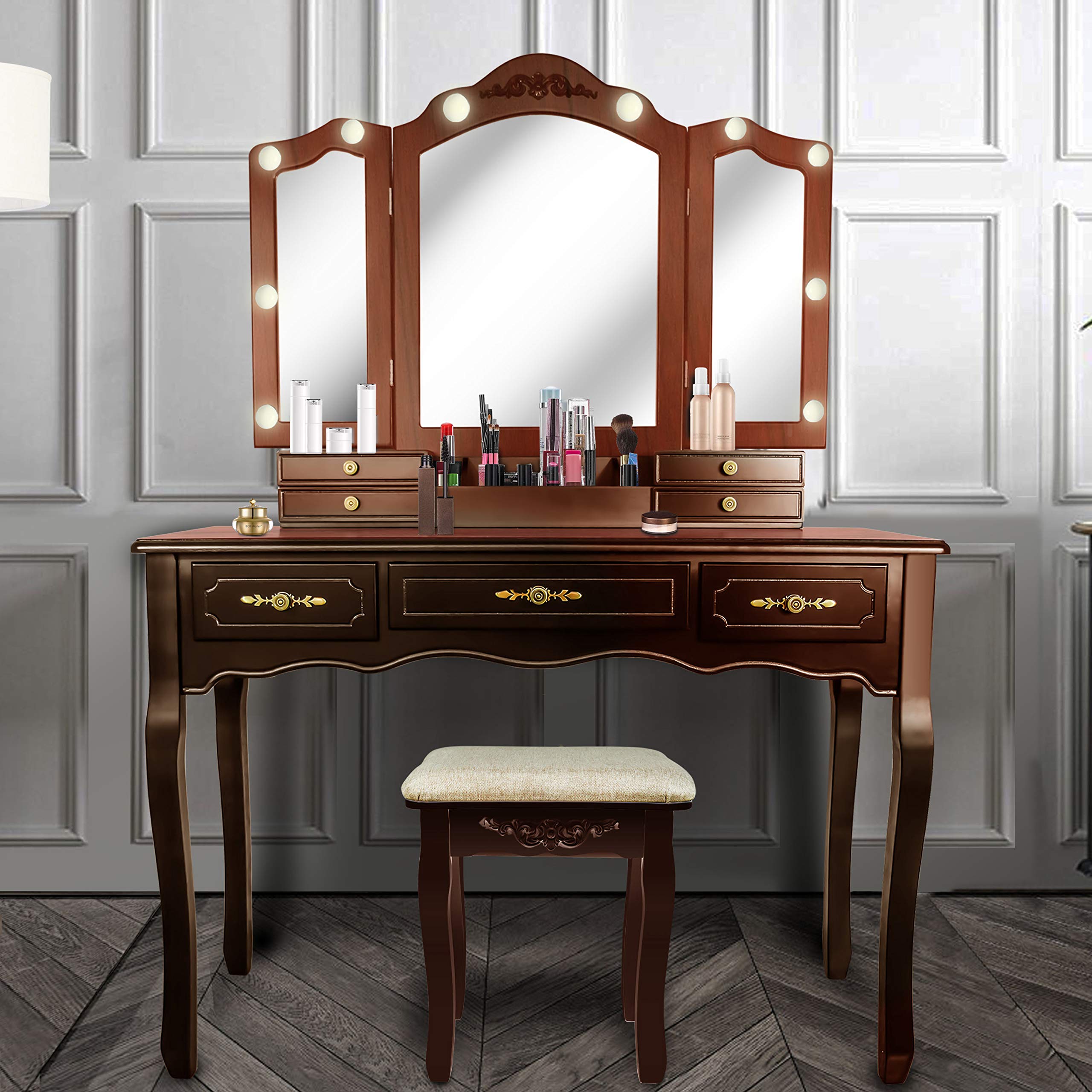 ENSTVER Vanity Beauty Station with Tri-Folding Mirrors - 7 Drawers Makeup Dressing Table with Cushioned Stool, Espresso Finish - Perfect for Bedroom, Bathroom & Salon Organization