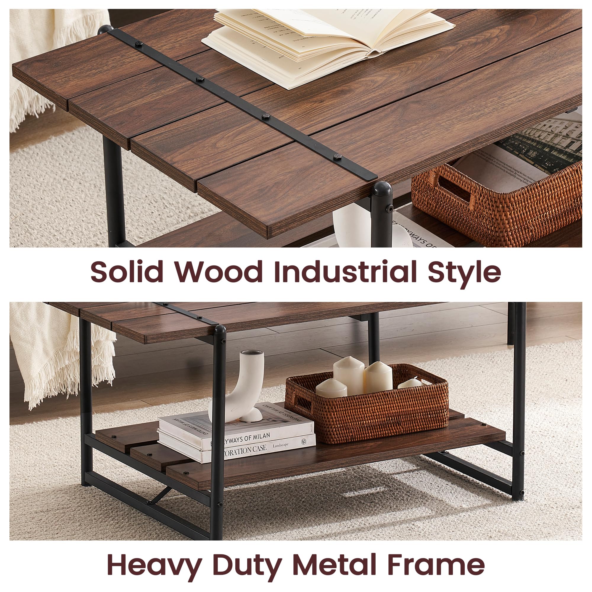 2-Tier Farmhouse 41'' Large Gray Wood Coffee Table with Storage Shelf - Modern Rustic Metal Rectangle Center Table for Living Room, Home Office - Easy Assembly (Walnut Brown) - Perfect for Small Spaces, Family Gatherings & Cozy Home Decor